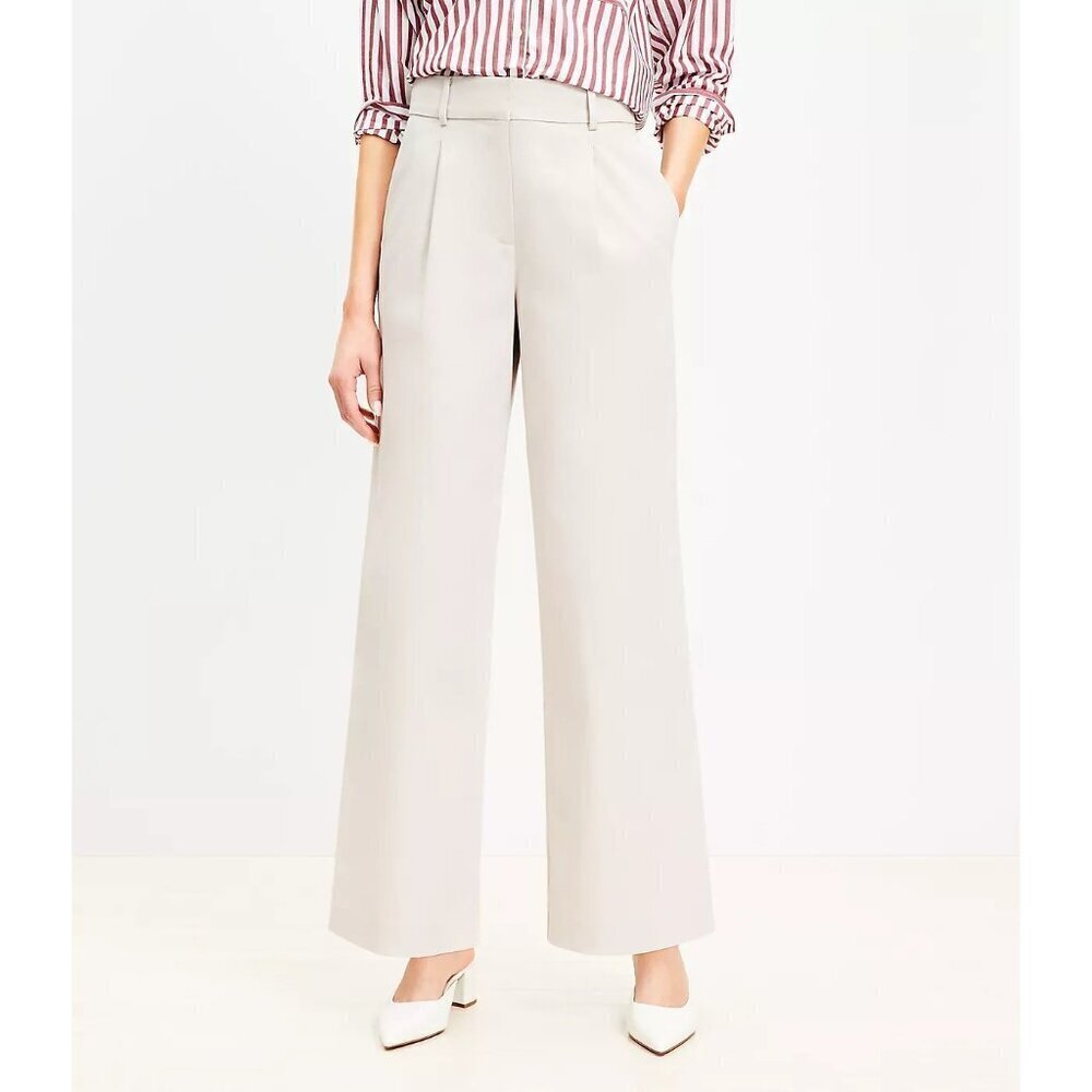 Loft Trousers Wide Leg High Rise Peyton Silver Fizz Tan Size 2 Quiet Luxury